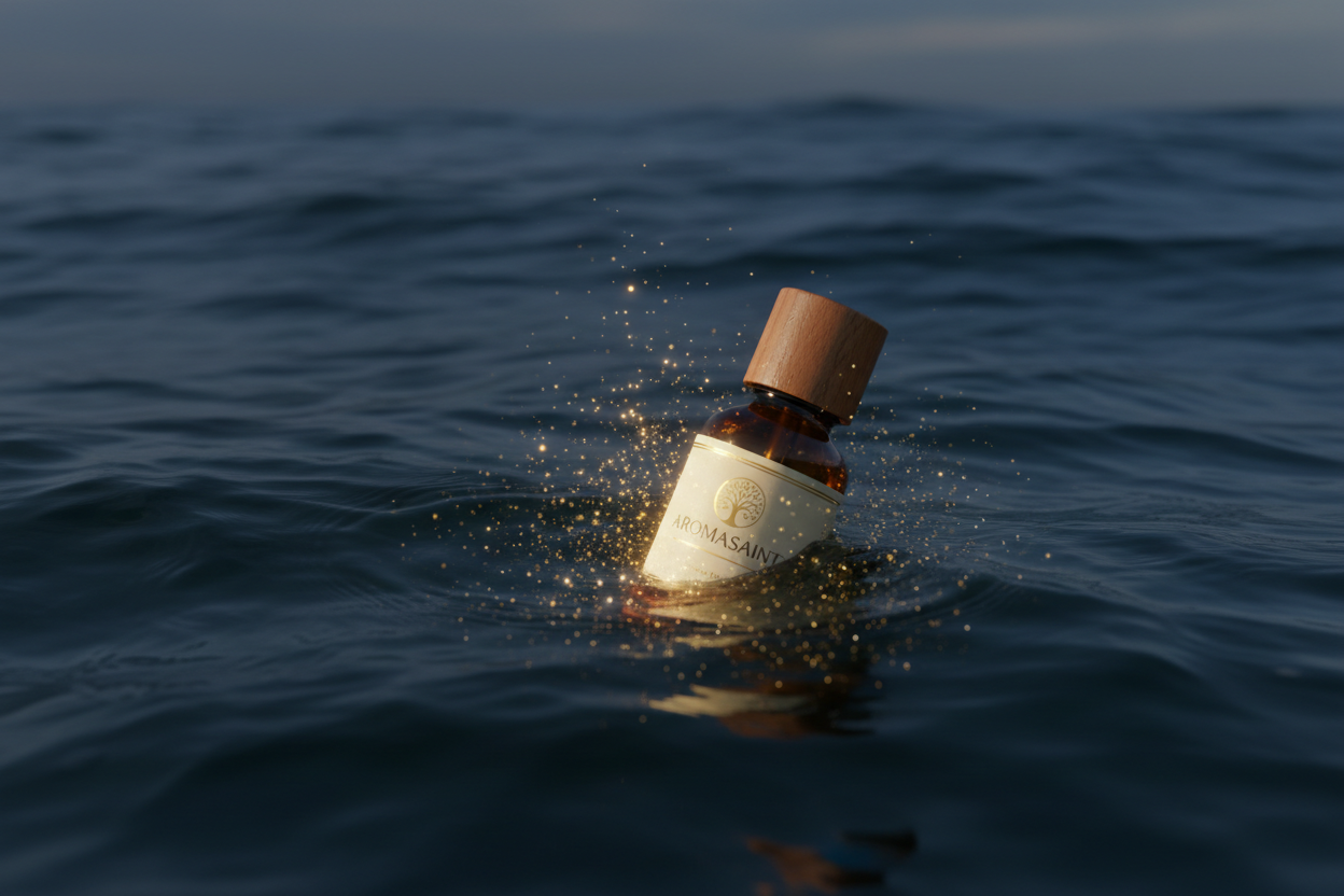 Aromasaint bottle half submerged in dark ocean with golden glow